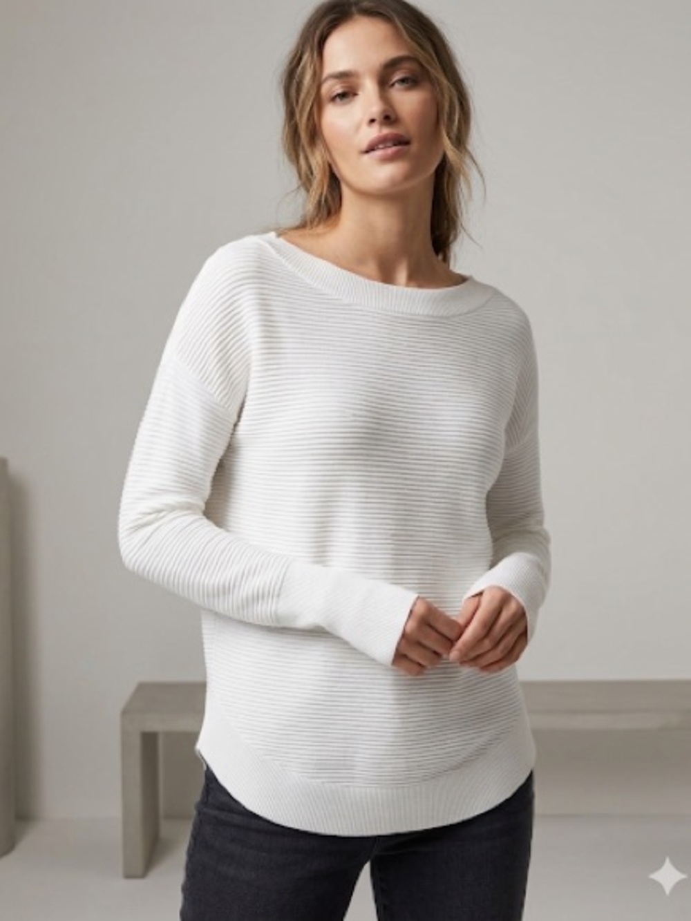 AERIE White Ribbed Scoop-Neck Sweater SIZE MEDIUM